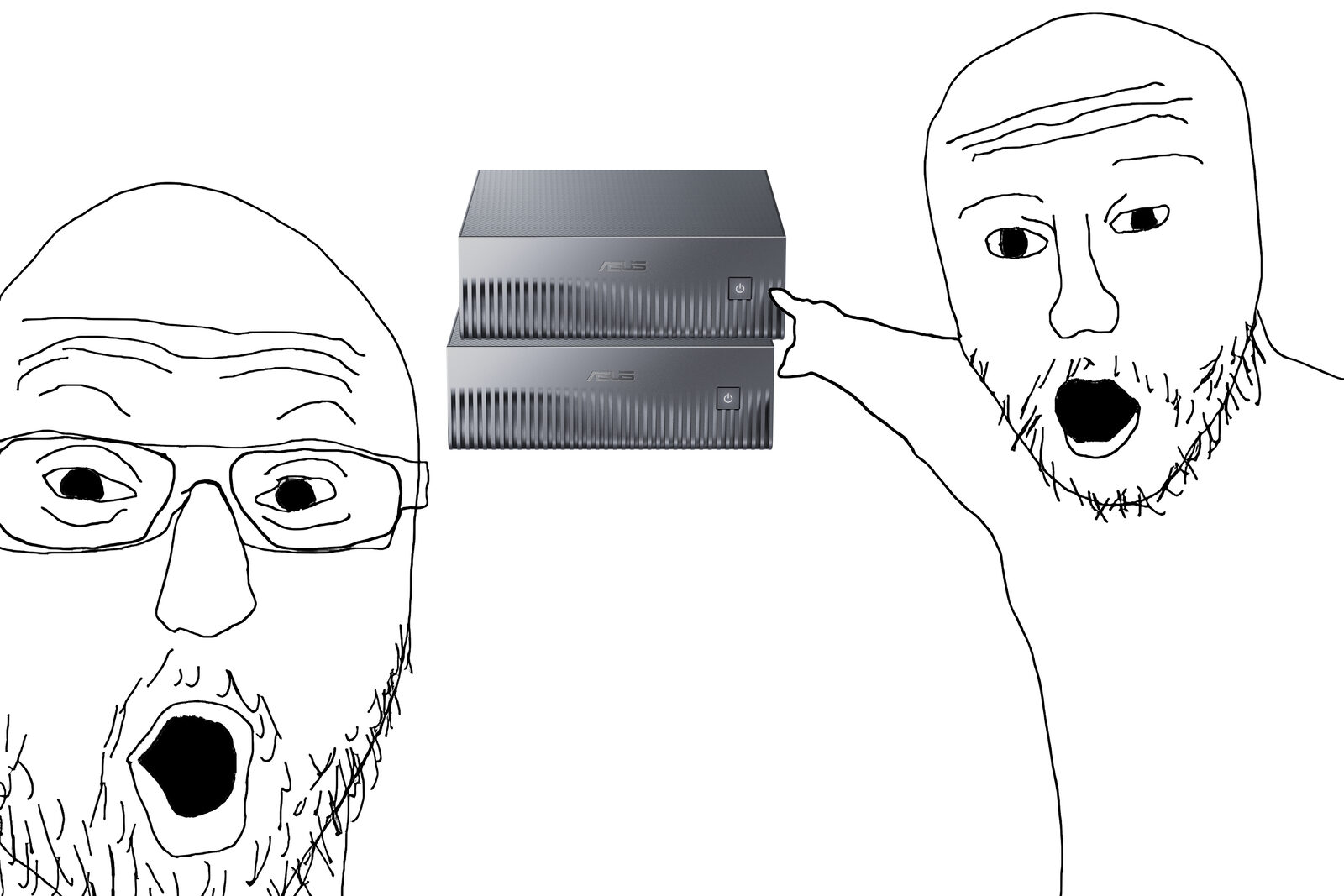 Two shocked wojaks, one pointing at two stacked DGX Sparks